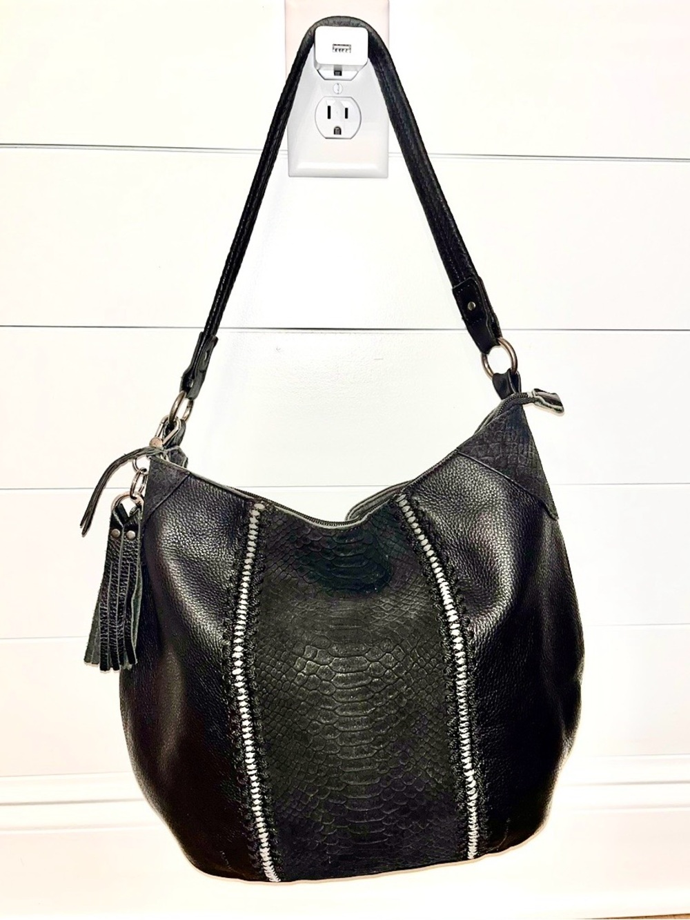 The Sak: Black Shoulder Bag Zip Closure Tassel Bag Charm Silver Hardware Lined